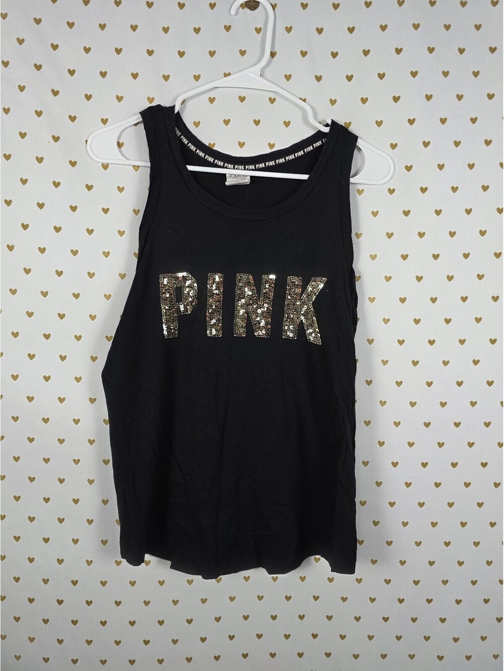 Victorias Secret PINK Gold Bling Sequin Tank Top Logo Small